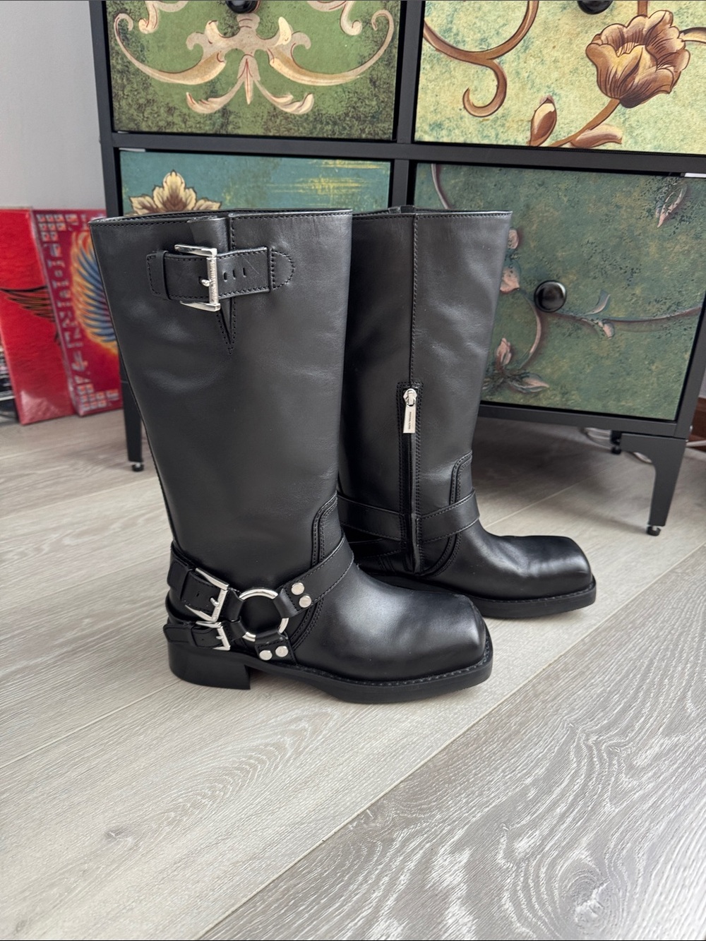 Michael Kors Black Leather Mid-Calf Harness Boots with Silver Hardware